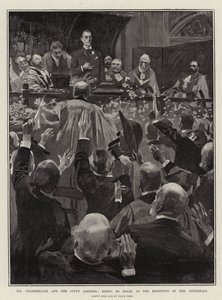 Mr Chamberlain en het Adres van de Stad, opstaan om te spreken bij de Receptie in de Guildhall door Frank Craig